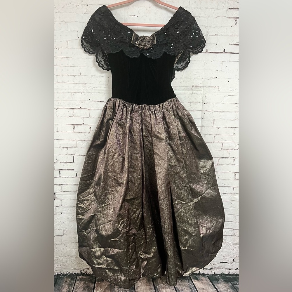 Vintage 1980’s Jessica McClintock Dress Size 6 Black Gold Velvet Metallic Full - Picture 1 of 14
